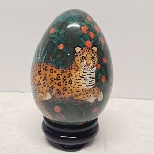 Reverse Hand Painted Glass Egg African Animals Wood Stand Leopard Zebra Giraffe